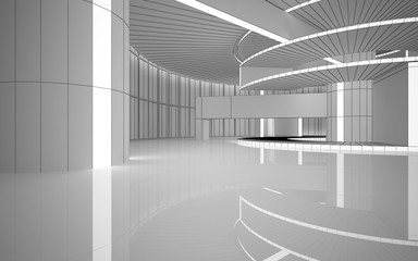 Abstract drawing white interior multilevel public space with window. Polygon black drawing. 3D illustration and rendering.