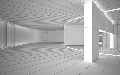 Obraz premium Streszczenie rysunek białe wnętrze wielopoziomowej przestrzeni publicznej z oknem. Czarny rysunek wielokąta. Ilustracja i renderowanie 3D.