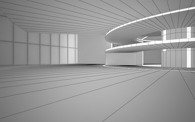 Abstract drawing white interior multilevel public space with window. Polygon black drawing. 3D illustration and rendering.