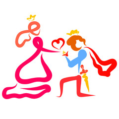Romantic prince gives ring to princess, kneeling