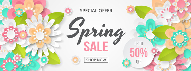 Spring sale banner with beautiful colorful flower. Can be used for template, banners, wallpaper, flyers, invitation, posters, brochure, voucher discount. Vector illustration