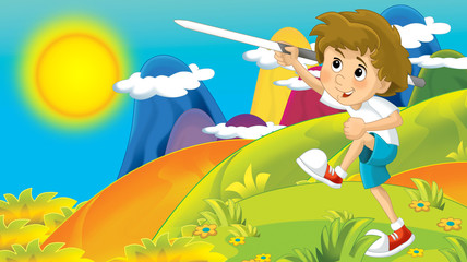 cartoon summer background with kid training in nature - with space for text - illustration for children