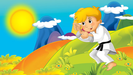 cartoon summer background with kid training in nature - with space for text - illustration for children