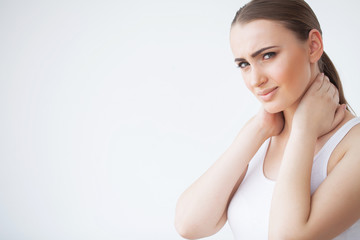 Naklejka premium Neck Pain. Woman In Pain. Beautiful Girl Feeling Toothache