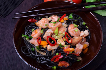 Black spaghetti with cuttlefish ink and seafood