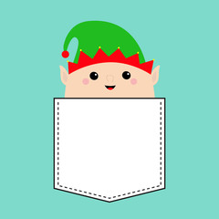 Santa Claus Elf round face head icon. Green hat. T-shirt pocket. Merry Christmas. New Year. Cute cartoon funny kawaii baby character. Greeting card. Flat design Blue background.