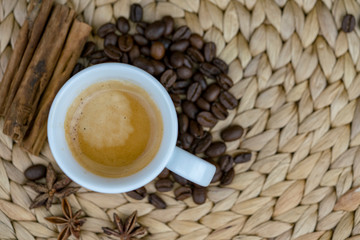 Rustic coffee close up, star anise and cinnamon