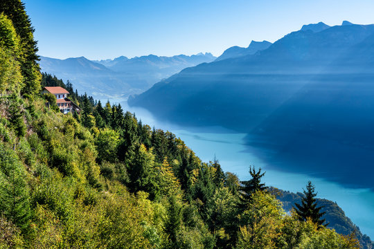 Switzerland, Canton of Bern, Bern Alps, Interlaken, View of Lake Brienz, view from Harder Kulm