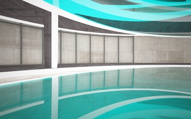 Empty dark abstract concrete, wood and glass room smooth interior. Architectural background. Night view of the illuminated. 3D illustration and rendering