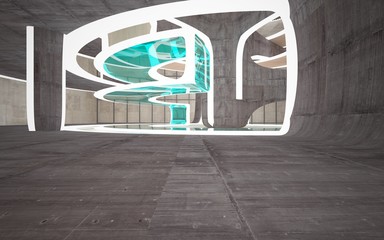 Empty dark abstract concrete, wood and glass room smooth interior. Architectural background. Night view of the illuminated. 3D illustration and rendering