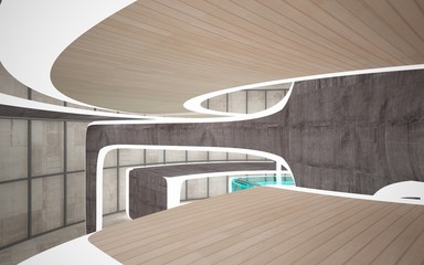 Fototapeta premium Empty dark abstract concrete, wood and glass room smooth interior. Architectural background. Night view of the illuminated. 3D illustration and rendering