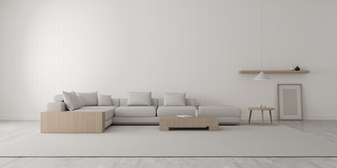 View of white living room in scandinavian style with wood furniture on laminate floor.Perspective of minimal design architecture. 3d rendering.	
