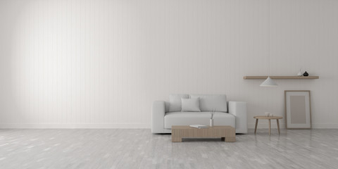 View of white living room in scandinavian style with wood furniture on laminate floor.Perspective of minimal design architecture. 3d rendering.	