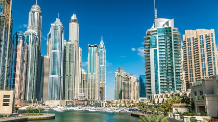 View of Dubai Marina modern Towers in Dubai at day time timelapse