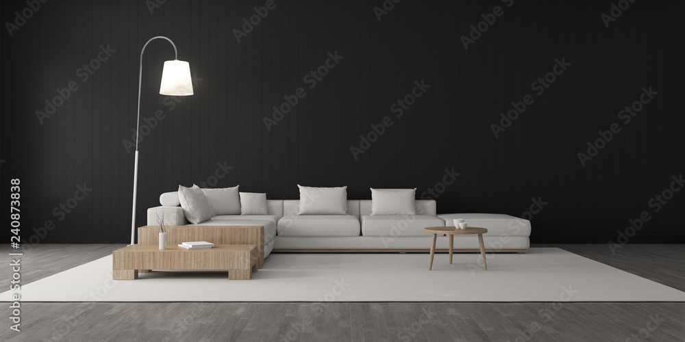 Poster view of living room space with furnitures, black wall and light grey laminate floor.perspective of m