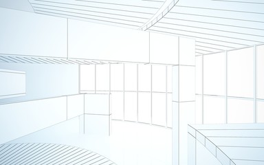 Abstract drawing white interior multilevel public space with window. 3D illustration and rendering.
