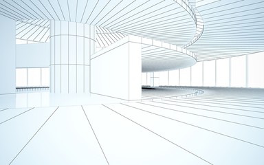 Abstract drawing white interior multilevel public space with window. 3D illustration and rendering.