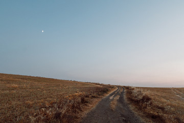 Country Road To Nowhere With Moon At Sunset