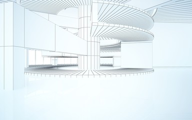 Abstract drawing white interior multilevel public space with window. 3D illustration and rendering.