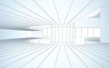 Abstract drawing white interior multilevel public space with window. 3D illustration and rendering.