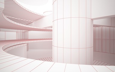 Abstract red drawing white interior multilevel public space with window. 3D illustration and rendering.