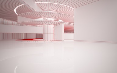 Abstract red drawing white interior multilevel public space with window. 3D illustration and rendering.