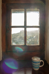 Old Window With Coffee Cup And View