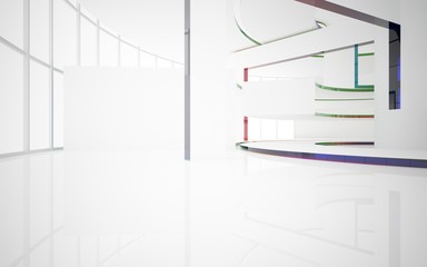 Abstract white and colored gradient glasses interior multilevel public space with window. 3D illustration and rendering.