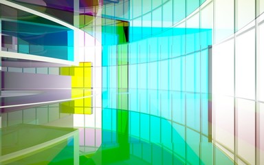 Abstract white and colored gradient glasses interior multilevel public space with window. 3D illustration and rendering.