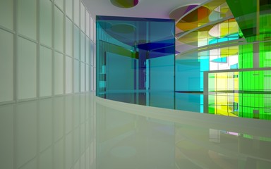 Abstract white and colored gradient glasses interior multilevel public space with window. 3D illustration and rendering.