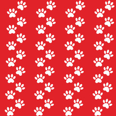 Traces of cat textile pattern. Vector seamless paw print seamless pattern. red background for packing design