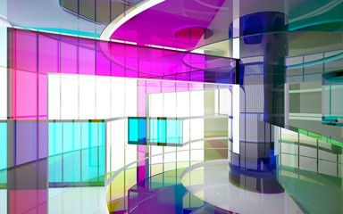 Abstract white and colored gradient glasses interior multilevel public space with window. 3D illustration and rendering.