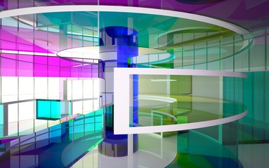 Abstract white and colored gradient glasses interior multilevel public space with window. 3D illustration and rendering.