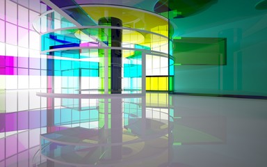 Abstract white and colored gradient glasses interior multilevel public space with window. 3D illustration and rendering.