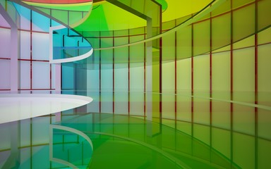 Abstract white and colored gradient glasses interior multilevel public space with window. 3D illustration and rendering.