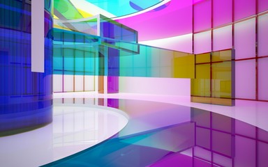 Abstract white and colored gradient glasses interior multilevel public space with window. 3D illustration and rendering.