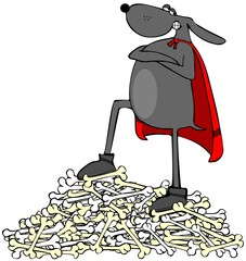Super dog standing on a pile of bones