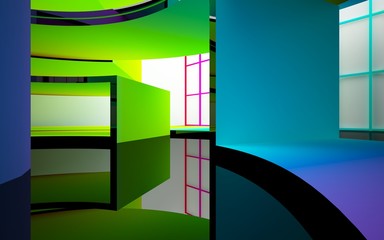 Abstract white and colored gradient  interior multilevel public space with window. 3D illustration and rendering.