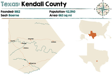 Detailed map of Kendall County in Texas, USA