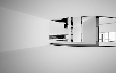 Abstract white and black interior multilevel public space with window. 3D illustration and rendering.