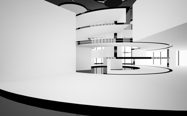 Abstract white and black interior multilevel public space with window. 3D illustration and rendering.