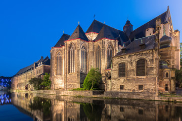 Fototapeta na wymiar Saint Michael's church in Ghent at sunset, Belgium historic city.