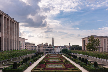 Brussels, views of City Hall and the center of the old town from the Mont des Arts on a cloudy day, Belgium