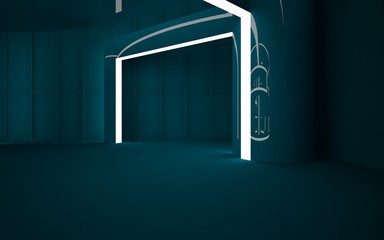 Abstract dark interior multilevel public space with neon lighting. 3D illustration and rendering