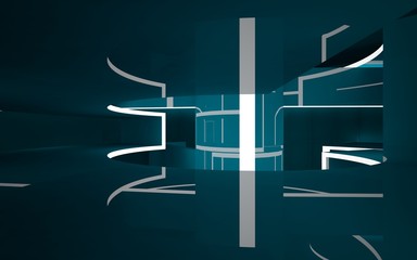 Abstract dark interior multilevel public space with neon lighting. 3D illustration and rendering