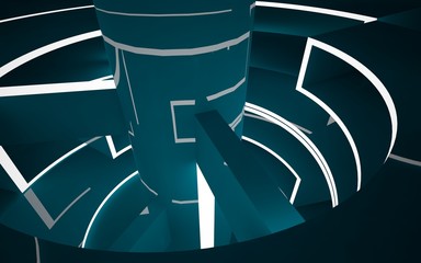 Abstract dark interior multilevel public space with neon lighting. 3D illustration and rendering