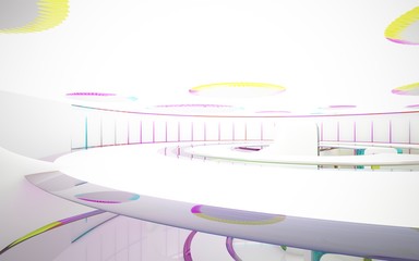 Fototapeta premium Abstract white and colored gradient glasses interior multilevel public space with window. 3D illustration and rendering.
