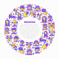 Neurosis concept in circle with thin line icon: panic attack, headache, fatigue, insomnia, despair, phobia, mood instability, stuttering, psychalgia. Vector illustration, print media template.