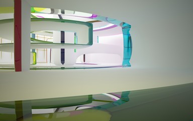 Abstract white and colored gradient glasses interior multilevel public space with window. 3D illustration and rendering.