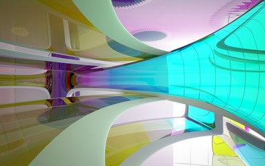 Abstract white and colored gradient glasses interior multilevel public space with window. 3D illustration and rendering.